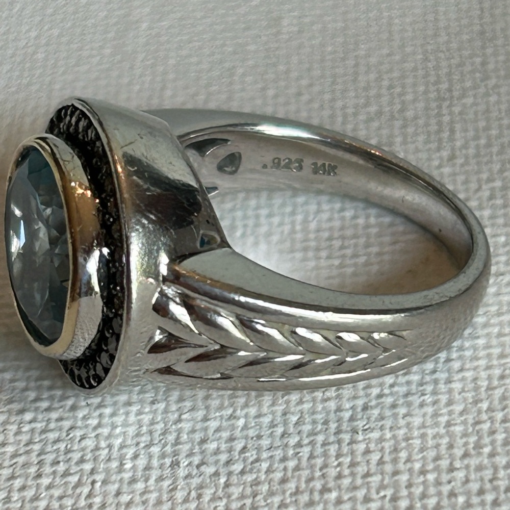Stunning 925 Silver and 14k Gold Blue Topaz with Diamonds Ring - Picture 2 of 9